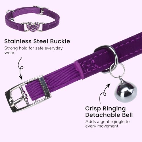 BINGPET Diamond Cat Collar,Adjustable Soft Velvet Leather Safe Kitten Collar with Crystal Heart Charm and Bells,Girl Boy Bling Stylish Cat Collars with Safety Elastic (Purple, Neck Girth 8"-10") - color: Purple(Heart), size: Neck Girth 8"-10"