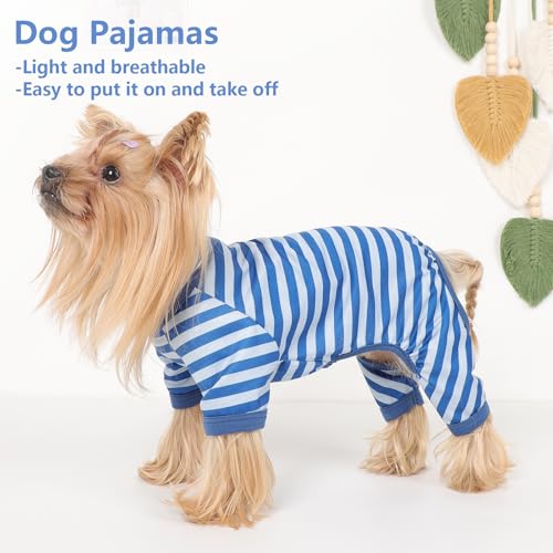 Dog Pajamas Pjs Stretchable Strip Dog Jumpsuit 4 Legs Pjs for Summer Dog Clothes Puppy Onesies Doggie Outfit (Blue, Medium (Chest 15in)) - color: Blue, size: Medium (Chest 15in )