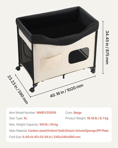 VEVOR Bedside Lounge Pet Bed, Foldable Bunk Dog Bed with 600D Oxford Cloth and Dutch Velvet, Portable Raised Cot with Wheels, Side Storage Bags, and Carry Bag for Cats & Dogs, XL, Beige - size: XL