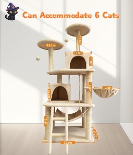 Cat Tree 60.63 inches Cat Tower for Indoor Cats, Multi-Level Cat Condo Furniture with Scratching Posts, Plush Perches, Activity Center with Cozy Basket & Hammock for Cats(Beige) - color: Beige