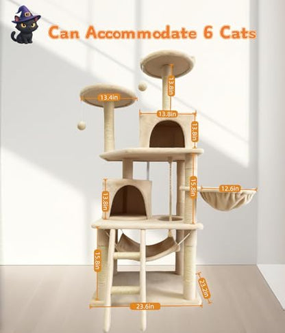 Cat Tree 60.63 inches Cat Tower for Indoor Cats, Multi-Level Cat Condo Furniture with Scratching Posts, Plush Perches, Activity Center with Cozy Basket & Hammock for Cats(Beige) - color: Beige