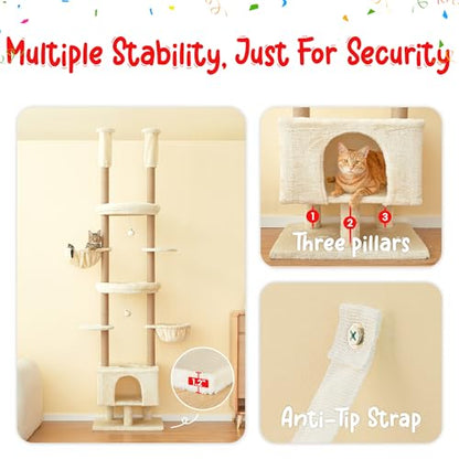 Cat Tree, Floor to Ceiling Cat Tower Adjustable Height [92.9-102.4 in=235-258cm], 7 Tiers Cat Climbing Play House with Fully Sisal Scratching Post, Cozy Condo & Hammocks for Indoor Cats, Beige - color: Beige2.0
