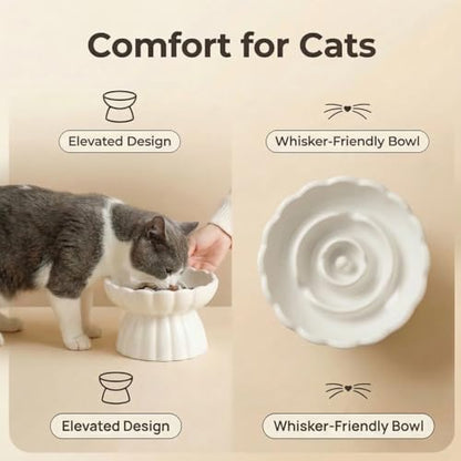 Ceramic Cat Slow Feeder, Raised Slow Feeder Cat Bowl, Anti Vomiting and Whisker Friendly Kitty Dish, Elevated Puppy Kitten Food Bowl for Dry and Wet Food (White) - color: White