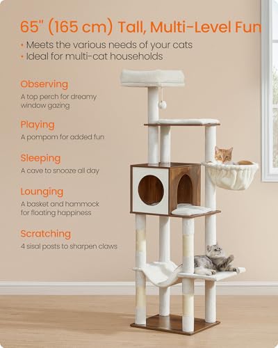 Feandrea Cat Tree, 65-Inch Tall Cat Tower, Multi-Level Condo with Cave, Basket, Hammock, Pompom, Scratching Posts, Honey Brown UPCT118K03 - color: Honey Brown