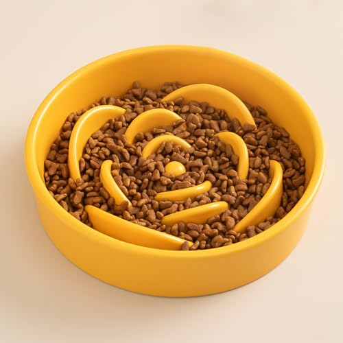 8.25'' Ceramic Slow Feeder Dog Bowls - Petal Shape Modern Dog Food Dish for Medium and Large Breeds, Puzzle Maze Bowl to Slow Down Eating, Anti-Gulping, Dishwasher & Microwave Safe, Yellow - color: Yellow, size: 8.25 inch