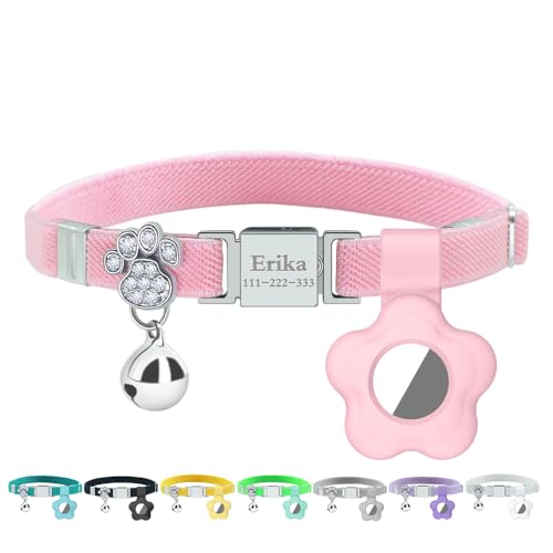 Personalized Safety Elastic Cat Collars with Bell Soft Silicone Cover for Air Tag,Laser Customized Stretch Kitten Collars for Girls Boys Cats (Pink) - color: Pink