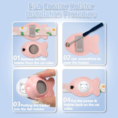 Cat Collar for Airtag, Breakaway GPS Tracker Kitten Collar with Airtag Holder and Bells for Girl Boy Cats Cute Personalized Cat Collar with Fish Adjustable Length (Pink)