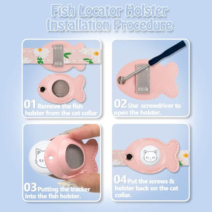 Cat Collar for Airtag, Breakaway GPS Tracker Kitten Collar with Airtag Holder and Bells for Girl Boy Cats Cute Personalized Cat Collar with Fish Adjustable Length (Pink)
