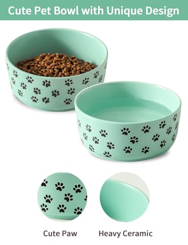 UBEE 6.5 inch Dog Bowls Set of 2, Ceramic Dog Food Water Bowl Dish with Paw Pattern, Pet Food Water Dishes Feeding for Small and Meidum Dogs and Large Cat, Green - color: Green-paw, size: 6.5 inch x 2