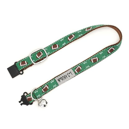 THE WORTHY DOG Football Field Cat Collar with Bell, Adjustable Nylon Safety Collar, Green, One Size - color: Green-Football Field