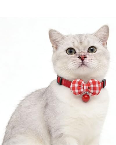 2 Pack Soft Breakaway Safety Cat Collar，Kitten Collar with Bell and Bow Tie,Adjustable Breakaway Cotton Collar for Kitty and Puppy (Plaid-Red Black) - color: Plaid-Red Black