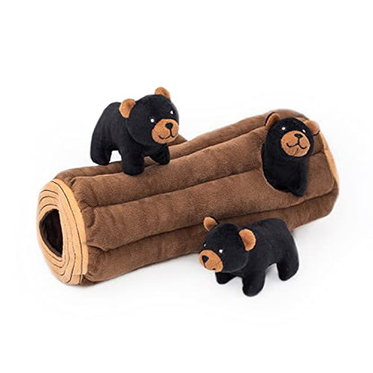 ZippyPaws Burrow- Interactive Dog & Puppy Toys for Boredom, Stimulating Pet Products to Keep Them Busy, Hide & Seek Plush Dog Puzzles, Enrichment Squeaky Toy, for Small & Medium Dogs- Black Bear Log