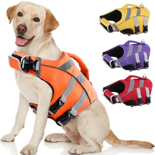 Kuoser Dog Life Jacket with Reflective Stripes, Dog Life Vest for Swimming Boating, Adjustable Pet Lifejackets with High Flotation, Doggie Swimsuit for Small Medium Large Dogs - color: 9#BrightOrange, size: Xs (Chest Girth:12.9-18.1'')