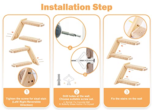 Cat Climbing Stair Shelf Wall Mounted Reversible Left & Right Direction, Cat Stairway Shelf for Climbing with Sisal Rope Ladder Wall Furniture - color: 2 Pieces2Steps