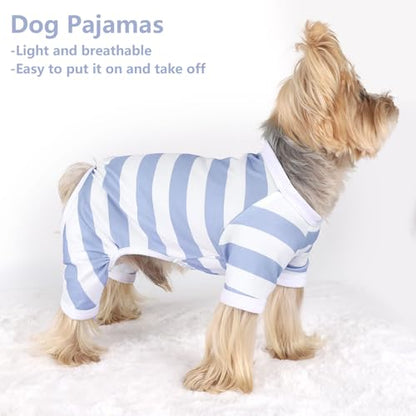Dog Pajamas Pjs Stretchable Strip Dog Jumpsuit 4 Legs Pjs for Summer Dog Clothes Puppy Onesies Doggie Outfit (Light Blue, X-Small (Chest 11in)) - color: Light Blue, size: X-Small (Chest 11in )