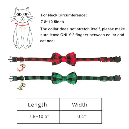 ADOGGYGO Christmas Cat Collars Breakaway with Cute Bow Bell - 2 Pack Red Green Plaid Kitten Collar with Removable Bowtie Christmas Collar for Cats Kittens - color: Red&Green-1