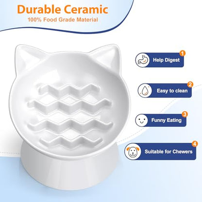 Ceramic Slow Feeder Cat Bowl, 2 Cups Tilted Elevated Cat Slow Feeder Bowl for Dry and Wet Food, Honeycomb Design for Preventing Vomiting & Bloating (White-Cute Kitten) - color: White-Cute kitten