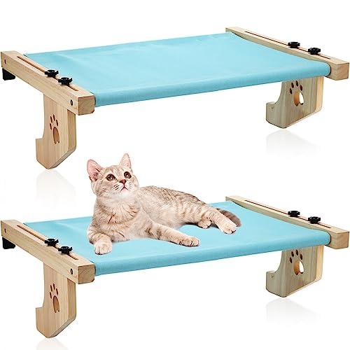 Pinkunn 2 Set Cat Window Sill Perch Adjustable Wood Small Cat Window Hammock Window Seat Cat Bed Windowsill Cat Shelf Indoor Kitty Cat Window Ledge Seat for Bedside Cabinet, Heavy Duty 33 Lbs (Blue)