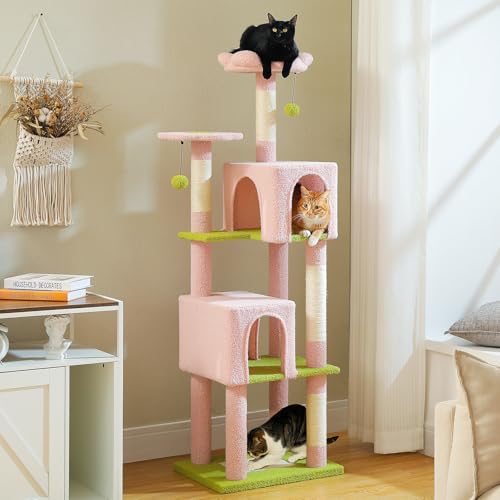 MUTTROS Flower Cat Tree, 62-Inch Tall Multi-Level Cat Tower with Scratching Posts, Cat Condos for Large Indoor Cats, Plush Cat Bed w/Padded Perches, Scratching Pad & 2 Green Pompoms, Pink - color: Flower Pink, size: 61.8"