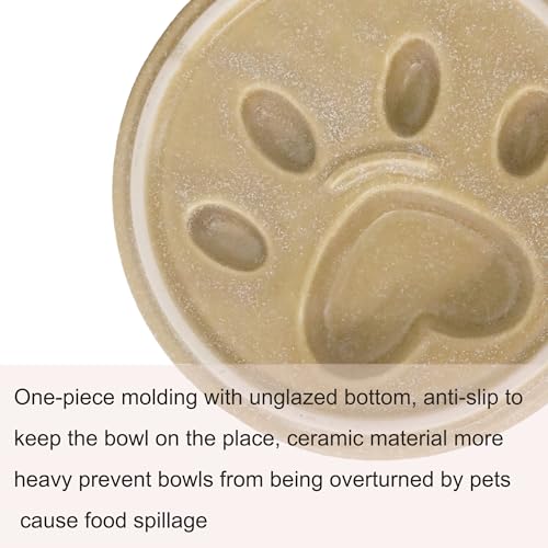 Ceramic Slow Feeder Bowl, 6.69 x 5.7 inches, Elevated Design with Paw Pattern, for Cats and Small Dogs (Khaki) - color: Khaki
