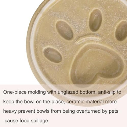 Ceramic Slow Feeder Bowl, 6.69 x 5.7 inches, Elevated Design with Paw Pattern, for Cats and Small Dogs (Khaki) - color: Khaki
