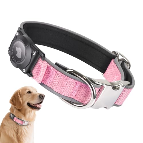 Waterproof Airtag Dog Collar - Nylon Collar with Durable Airtag Holder, Reflective&Anti-Lost with Safety Metal Buckle, Soft Padded Adjustable for Small Medium Large Dogs Pink L - color: Pink, size: L (14.5"-19.8")