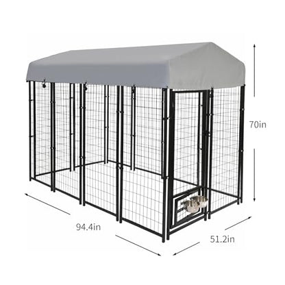 8x4x6 FT Dog Kennel Outdoor for Large Dogs - Heavy Duty Welded Steel Dog Playpen with Waterproof Roof, 360° Rotating Bowls, Latch-Lock Outdoor Dog Run Enclosure