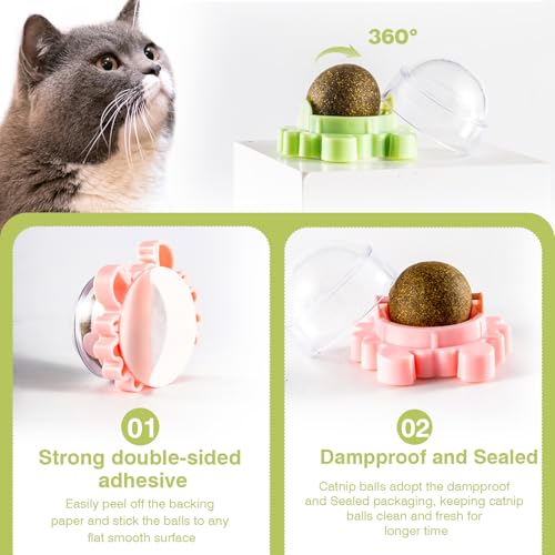 4 Pack Catnip Balls Wall Mounted - Organic Edible Catnip Toy for Cats, 360° Rotatable Interactive Chew Indoor Cat Toy
