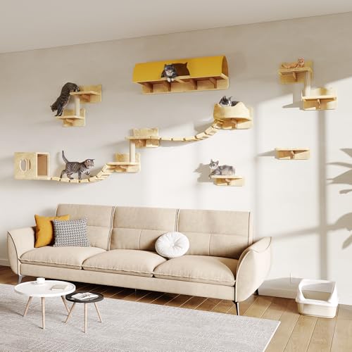 16-in-1 Cat Wall Shelves, Wall Mounted Cats Furniture Set w/Plush Fabric, Cat Climbing Wall Systems, Cats Shelf with 40''L Tunnel, Condos, House, Steps, Bridge Ladder & Scratching Post, Beige - color: Beige, size: 16-in-1