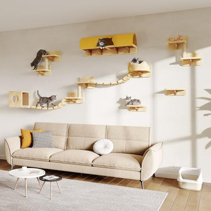 16-in-1 Cat Wall Shelves, Wall Mounted Cats Furniture Set w/Plush Fabric, Cat Climbing Wall Systems, Cats Shelf with 40''L Tunnel, Condos, House, Steps, Bridge Ladder & Scratching Post, Beige - color: Beige, size: 16-in-1