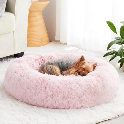 WNPETHOME Calming Dog Bed & Cat Bed Donut, Faux Fur Self-Warming Donut Cuddler, Comfortable Round Plush Pet Beds (27 x 27 x 8 Inch, Light Pink) - color: light pink, size: 27"L x 27"W x 10"Th