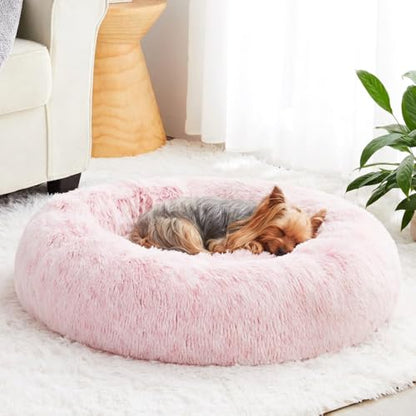 WNPETHOME Calming Dog Bed Cat Bed Donut, Faux Fur Pet Bed Self-Warming Donut Cuddler, Comfortable Round Plush Dog Beds (24 x 24 x 8 Inch, Light Pink) - color: light pink, size: 24"L x 24"W x 8"Th