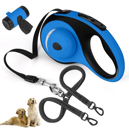 Dual Retractable Dog Leash for 2 Large Dogs (Up to 110LBS Each) - Double Headed Pet Leash with Poop Bags and LED Light, One Button Brake & Lock, 360 Tangle-Free (Blue, Large) - color: BLUE, size: Large