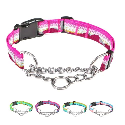 Martingale Dog Collars with Stainless Steel Chain, Reflective No Pull Walking Training Collar with Quick Release Buckle, Adjustable Slip Chain Nylon Dog Collars for Small Medium Large Dogs - color: Pink and white, size: Small