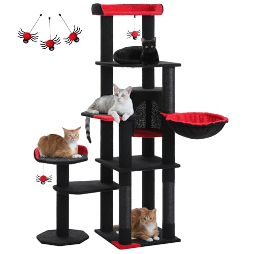 MUTTROS 59" Gothic Cat Tree with Coffin Bed-Black Cat Tower for Indoor Cats with Spacious Cat Condo & Cozy Hammock, Spider Hanging Balls, Sisal Scratching Post and 2 Spooky Perches for Halloween - color: Black, size: 59"