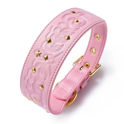 Blueberry Pet Premium Embossed Pink Glam Silver-Powered Freshness Microfiber Leather Dog Collar with Gold Studs - color: Pink, size: Medium
