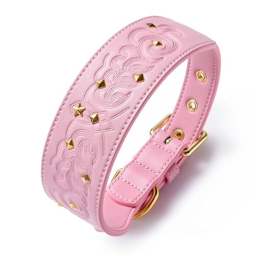 Blueberry Pet Premium Embossed Pink Glam Silver-Powered Freshness Microfiber Leather Dog Collar with Gold Studs - color: Pink, size: Large