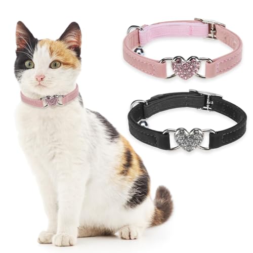 BINGPET 2 Pack Diamond Cat Collar with Bells and Safety Belt, Adjustable Soft Velvet Kitten Collar with Bling Heart Jewelry, Cute Black & Pink Cat Collars for Girls & Boys(Neck Girth 8"-10") - color: Pink & Black(Heart), size: Neck Girth 8"-10"