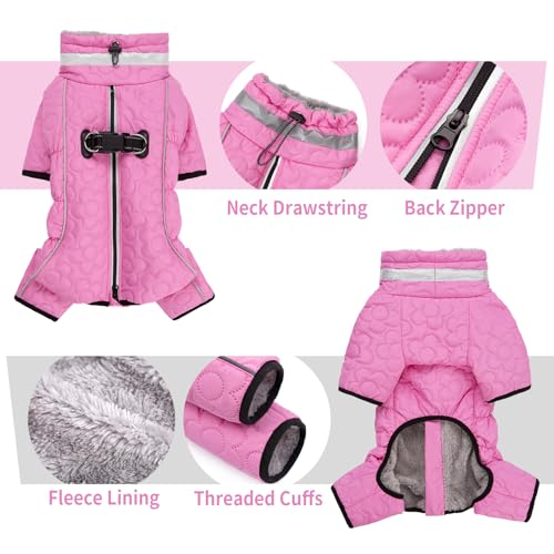 Four Legged Dog Winter Coat for Small Dogs, Warm Puppy Onesie Clothes Christmas, Reflective Turtleneck Dog Jacket with Buckles & D-Rings, Puffer Cold Weather Coat Zipper - color: Pink, size: Medium