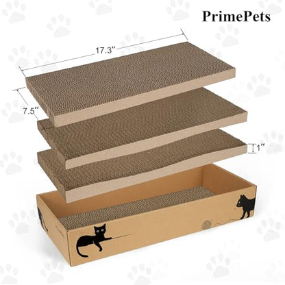 PrimePets 3-Pack Cat Scratcher Cardboard with Box, 17.3" Large Reversible Cat Scratching Pads for Indoor Cats, Heavy Duty Corrugated Cat Scratches Board, Furniture Protector for Large Cats & Kittens