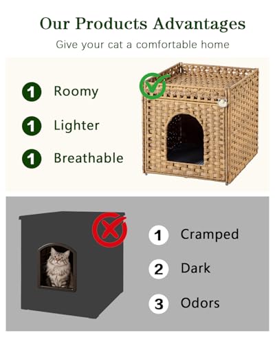 SETVSON Cat Litter Box Enclosure Furniture, Hidden Litter Box with Mat and Fence, Handwoven Rattan Cat House with Two S-Shaped Hooks for Living Room, Bedroom, 18.5 x 20.5 x 19.1 Inches (Natural) - color: Natural, size: Standard