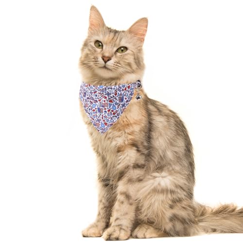 American Flag Cat Collar with Bell Bandana Star Adjustable 4th of July Breakaway Kitten for Independence Day - color: 4th of July-2-bandana