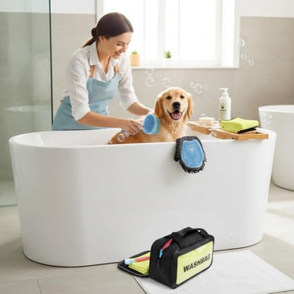 Dog Bath Grooming Kit(6Pcs) - Dog Brush for Shedding, Shampoo Brush, Double-sided Washing Glove, Toothbrush, Towel for Drying Dogs Large, and Wash Bag, Dog Washing Kit （Blue）