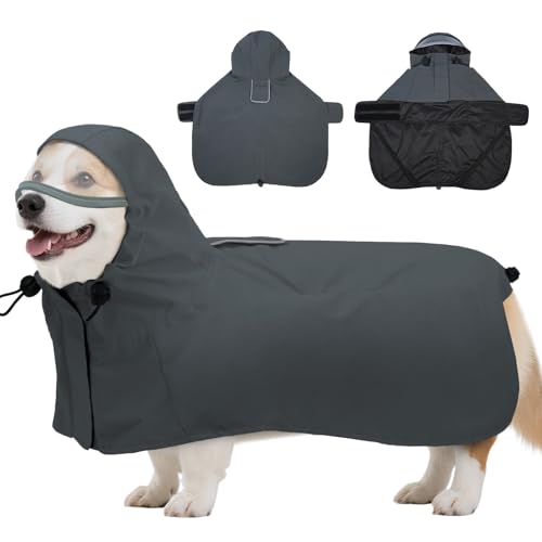 Dog Raincoat Waterproof with Hood & Leg Straps - Reflective Lightweight No-Sleeve Poncho for Large Medium Small Dogs - Easy On/Off with Harness Hole & Belly Coverage for Wet Weather - color: Grey, size: Small