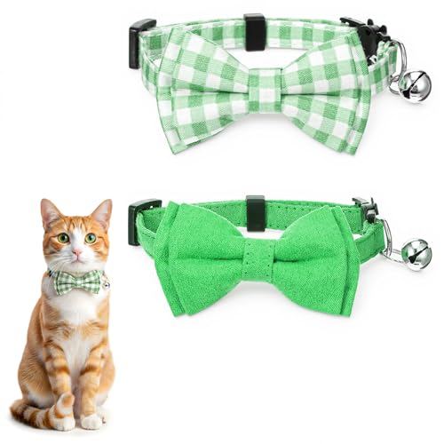 2 Pcs Green Cat Bow Tie, Cat Collar with Bow Tie Breakaway, Catsbowtie Collar with Bell, Soft Adjustable Color Plaid Pet Collars (Green) - color: Green