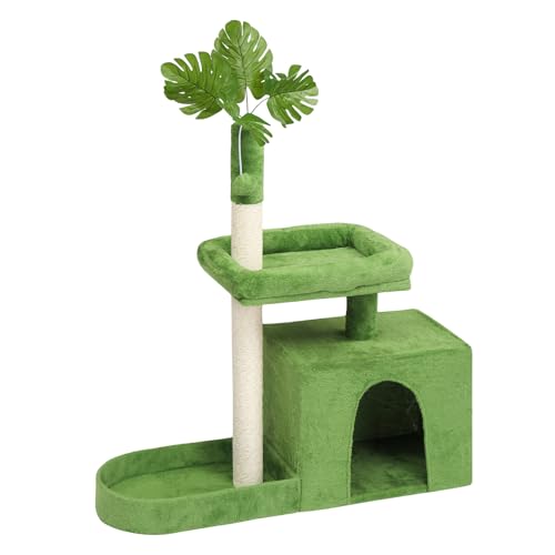 36in Cat Tree with Leaves, Multi-Level Cat Tower with Scratching Post, Cozy Condo & Padded Perch, Dangling Ball for Kittens and Indoor Cats, Compact Cat Furniture for Small Spaces, Green