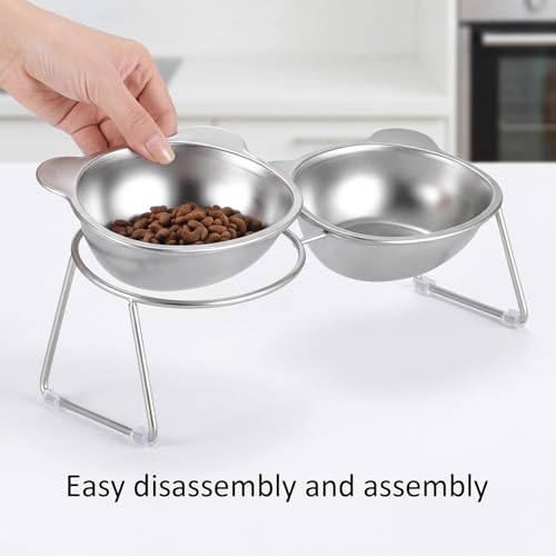 Stainless Elevated cat Bowls 5.9 Inch with Metal Stand Slip Resistant Base 15 Degrees Tilted Raised Pet Dishes Double Bowl Design Food and Water Dish for Cats Kitten Small Dog (Integrated Bowls) - color: Integrated Bowls