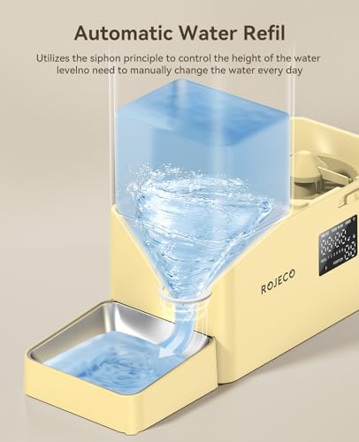 Rojeco 36Cups/8.5L Pet Automatic Cat Feeder and Gravity Water Dispenser,Stainless Steel Bowls 2-in-1 Set Large Capacity 5L Food Feeder and 3.5L Water Fountain for Cats,Pets,Small Dogs,Yellow - color: Yellow, size: 8.5L-Standard