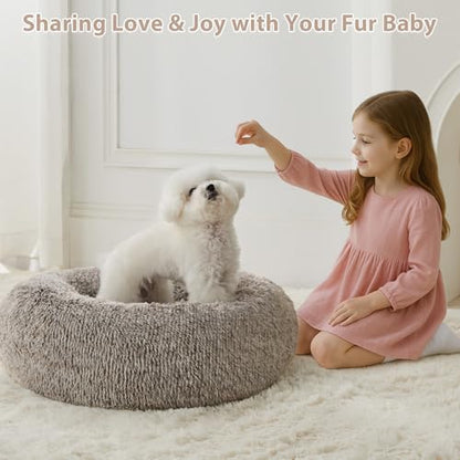 WNPETHOME Calming Dog Bed & Cat Bed, Anti-Anxiety Donut Small Dog Bed, Fluffy Faux Fur Cats Cushion Puppy Bed for Small Pets and Cats (24 x 24 inch, Light Coffee) - color: Light coffee, size: 24"L x 24"W x 8"Th