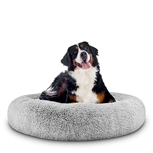 The Dog’s Bed Calming Donut Dog Bed, Plush Faux Fur Round Cuddler Nest – CertiPUR-Certified Foam, Removable Washable Zip Cover – XL (45"), Silver Grey - color: Silver Grey Fur, size: XL (45")